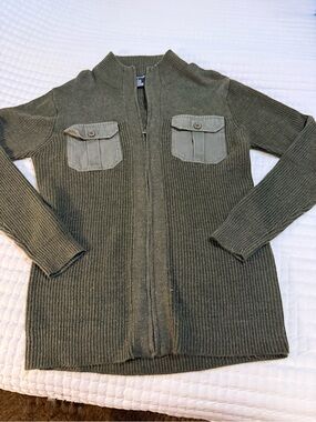 Studio Olive Ribbed Full-Zip Sweater with Chest Pockets